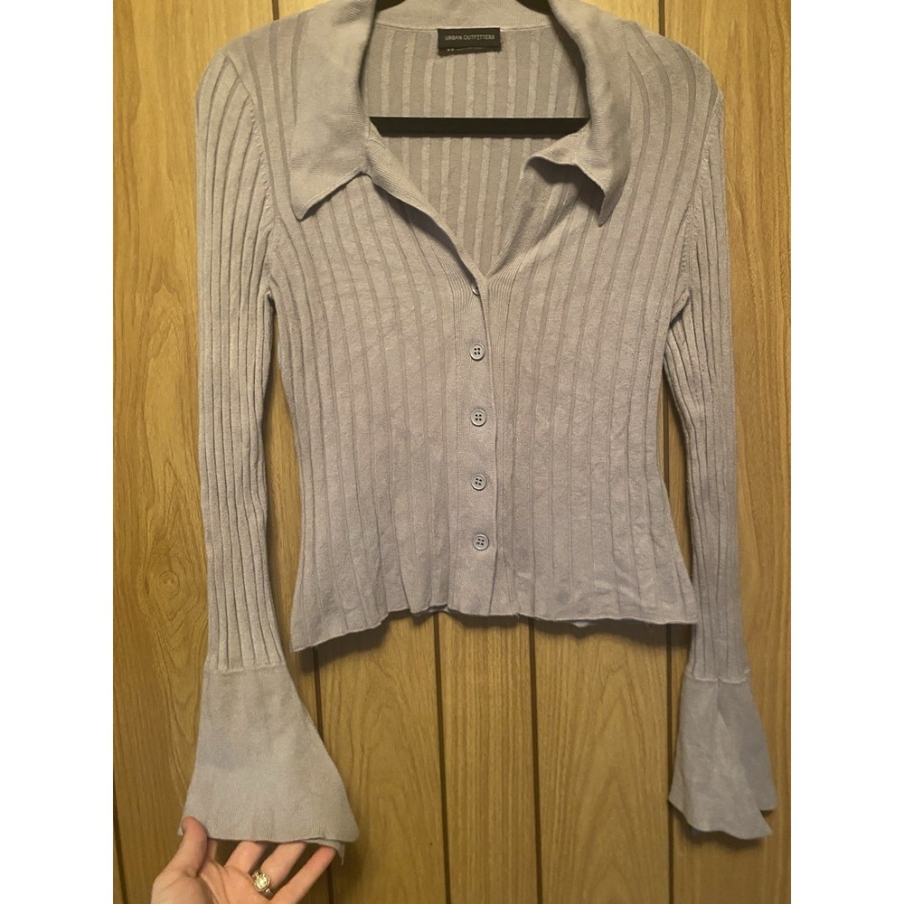 Urban Outfitters Ribbed Knit Collared Cardigan Top Gray Bell Sleeve Women's M